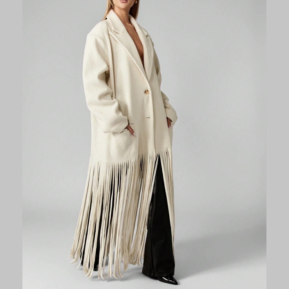 Cream Fringe Hem Oversized Longline Coat - Picture 4 of 6